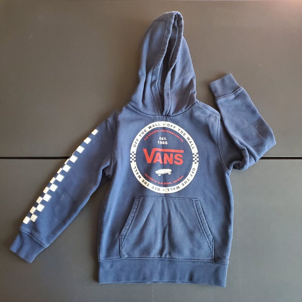 Vans Boys Navy Blue Hoodie with Checker Sleeve and Red Logo
